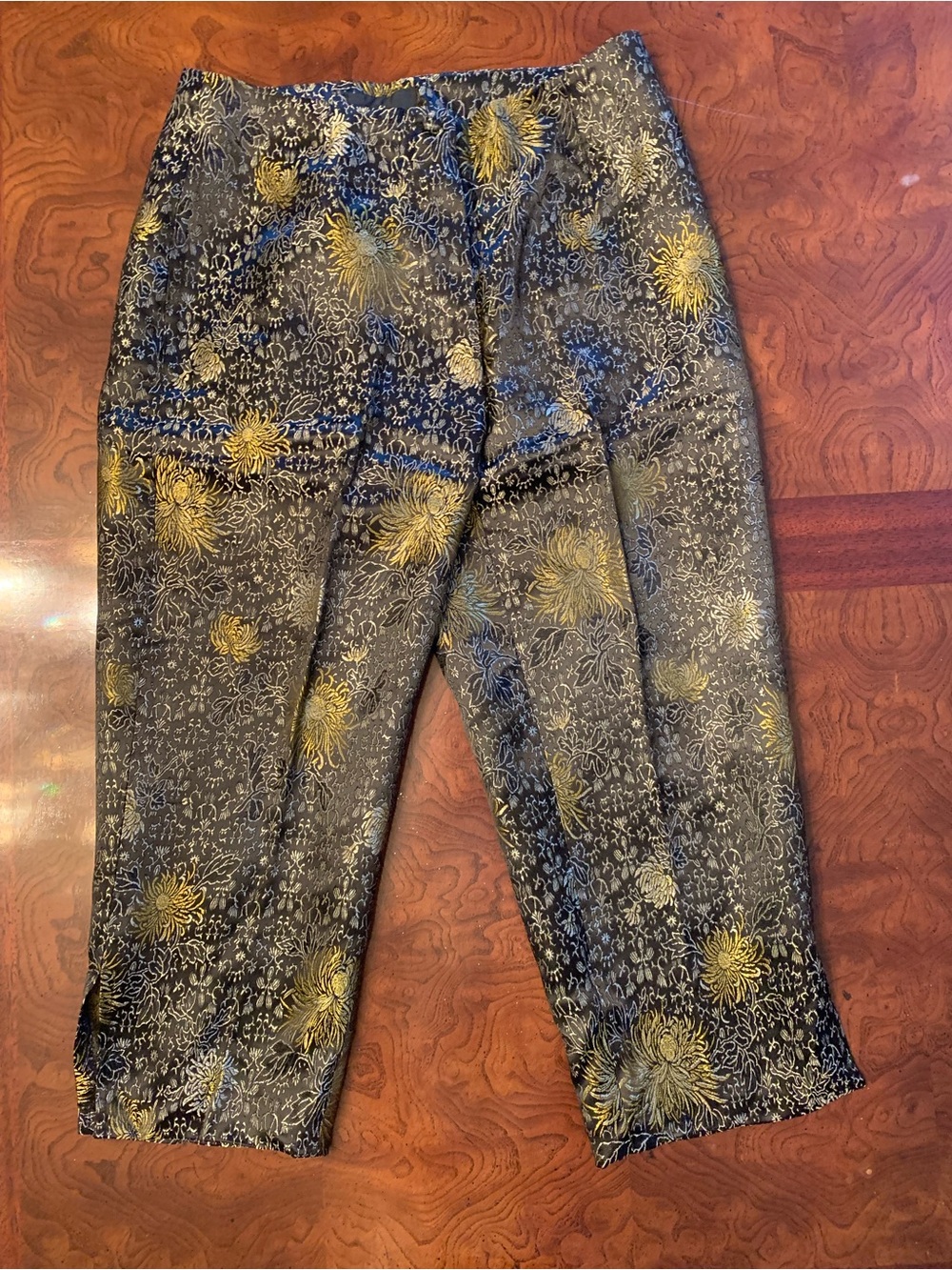 Carole Little Black Pants with Gold Floral Brocade